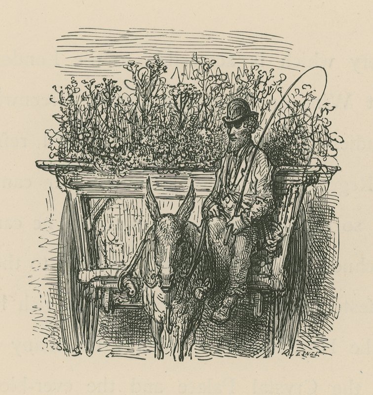 Un hombre conduciendo un carro cargado de plantas y flores de Gustave Dore