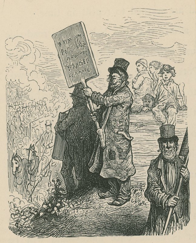 Un hombre sosteniendo un cartel en una protesta de Gustave Dore