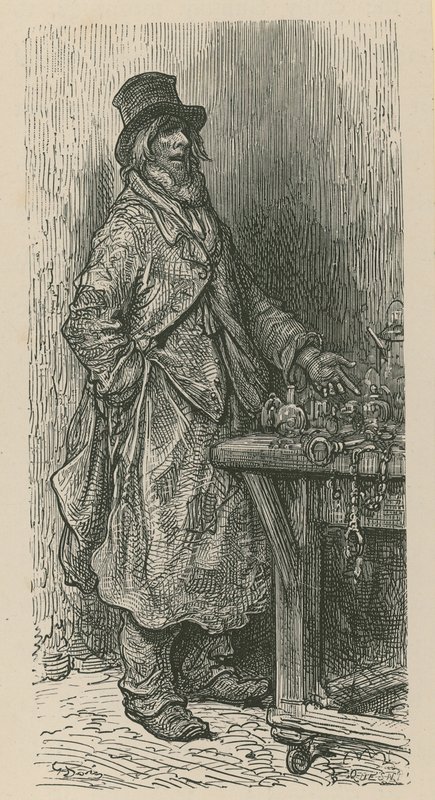 Un hombre vendiendo sus productos desde un puesto de mercado de Gustave Dore