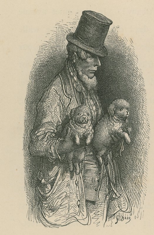 Un hombre con sombrero de copa sosteniendo dos perros de Gustave Dore