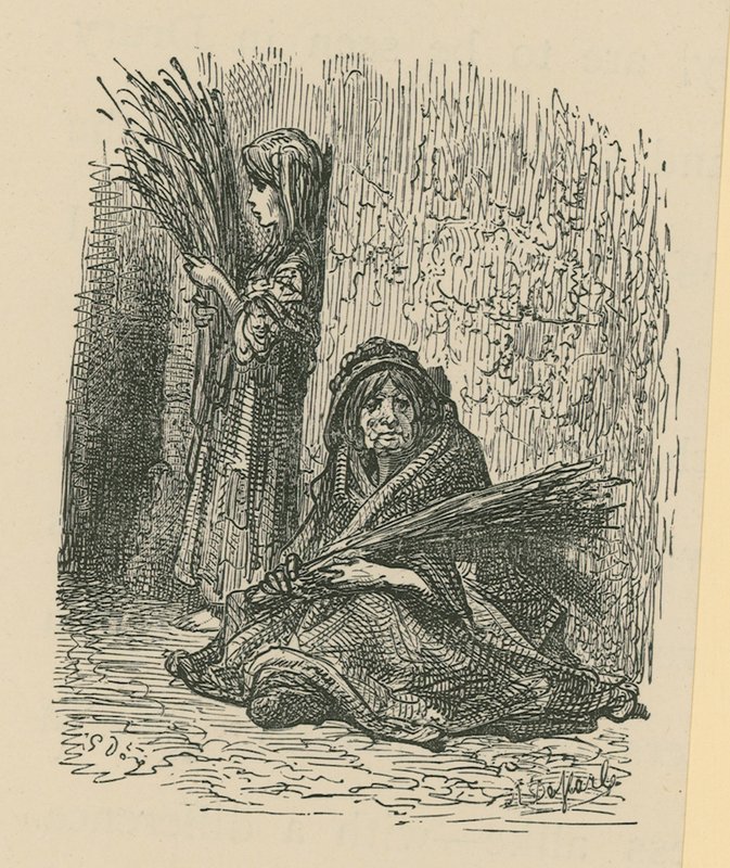 Una mujer y una niña vendiendo flores secas de Gustave Dore