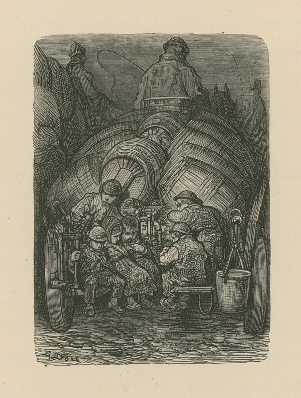 Niños sentados en la parte trasera de un carro de reparto de cervecería de Gustave Dore