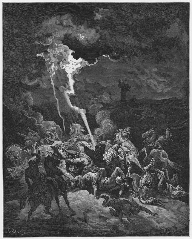 Biblia de Gustave Doré: Elías destruye a los mensajeros de Ocozías con fuego de Gustave Dore