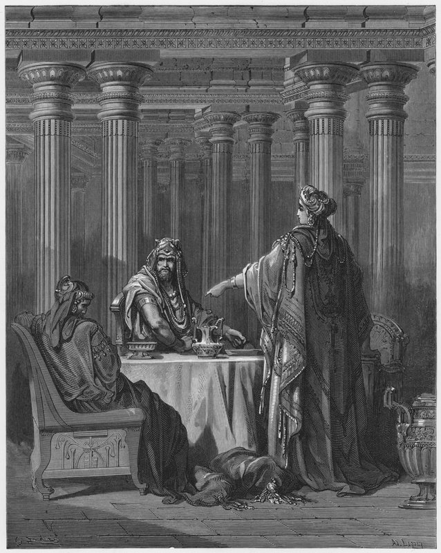 Biblia de Gustave Doré: Ester acusando a Amán de Gustave Dore