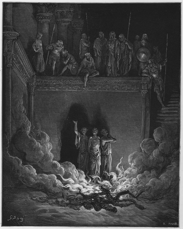 Sadrac, Mesac y Abed-nego en el horno de fuego de Gustave Dore