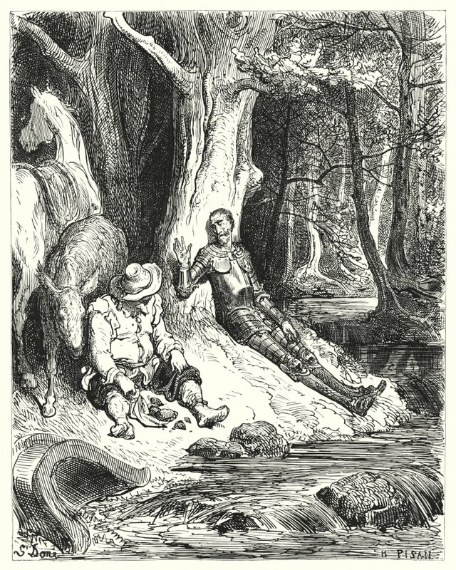 Don Quijote de Gustave Doré: "Una fuente clara, que Don Quijote y Sancho encontraron entre algunos árboles verdes, les sirvió para refrescarse" (grabado) de Gustave Dore