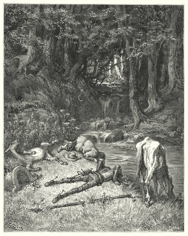 Don Quijote de Gustave Doré: "Un prado, regado por un arroyo, los invitó a descansar" (grabado) de Gustave Dore