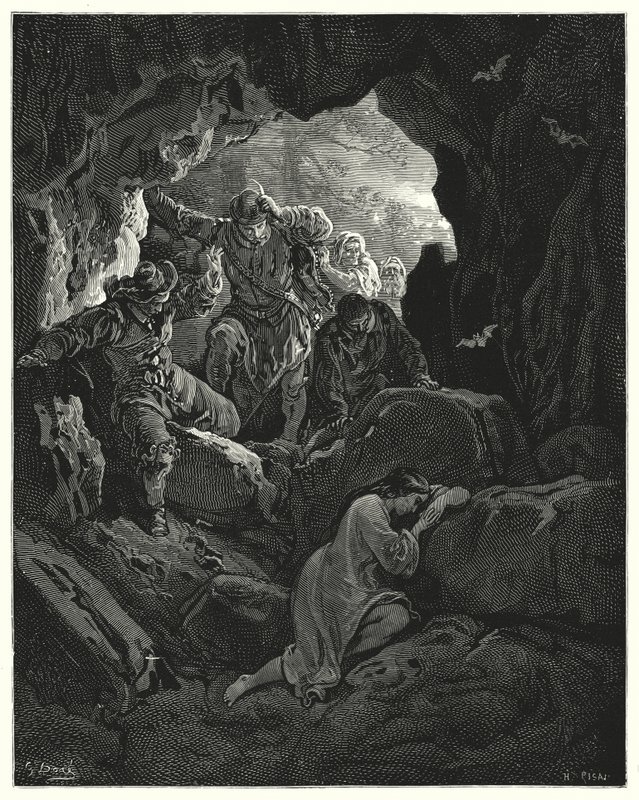 Don Quijote de Gustave Doré: "Un grupo con oficiales es enviado... quienes encuentran a la pobre Leandra en una cueva de una de las montañas" de Gustave Dore