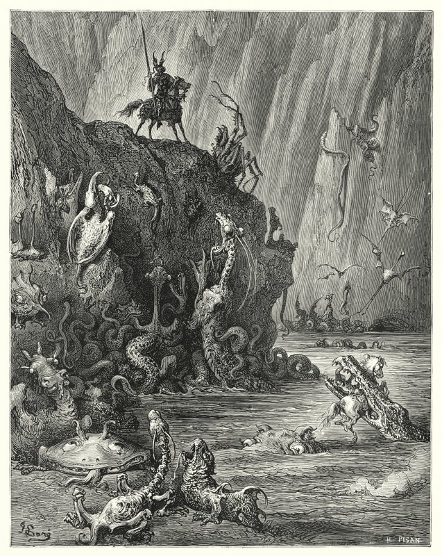 Don Quijote de Gustave Doré: "Un vasto lago de brea hirviendo, en el que una multitud infinita de criaturas feroces y terribles atraviesan de un lado a otro" (grabado) de Gustave Dore