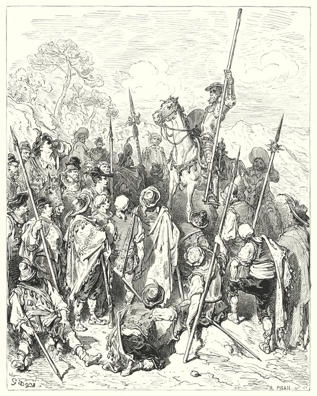 Don Quijote de Gustave Doré: "Según las leyes de las armas, realmente se perjudican a sí mismos al pensar que se sienten ofendidos" (grabado) de Gustave Dore