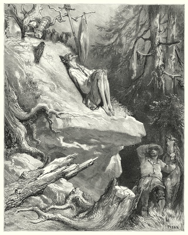 Don Quijote de Gustave Doré: "¡Ay!" respondió Sancho, "Lo encontré en su camisa, delgado, pálido y casi muerto de hambre, suspirando por su Dama Dulcinea" de Gustave Dore