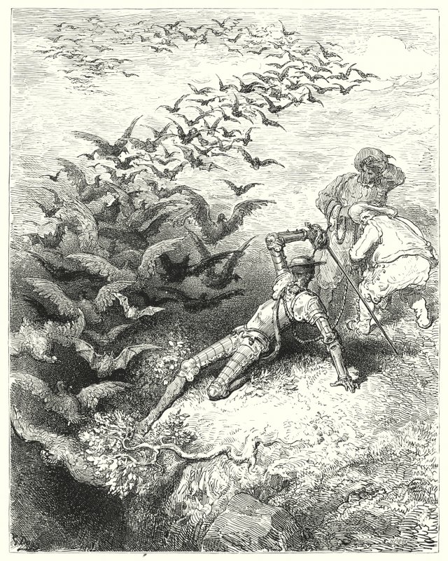 Don Quijote de Gustave Doré: "Un número infinito de cuervos y grajos enormes salieron corriendo y revoloteando de la cueva" de Gustave Dore
