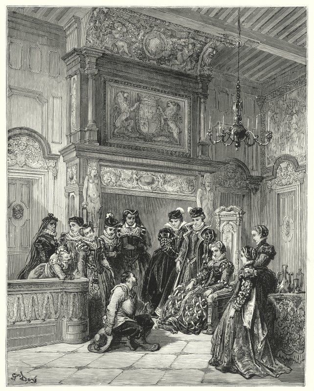 Don Quijote de Gustave Doré: "A petición de la duquesa, relató todo el pasaje del reciente encantamiento fingido muy fielmente" (grabado) de Gustave Dore