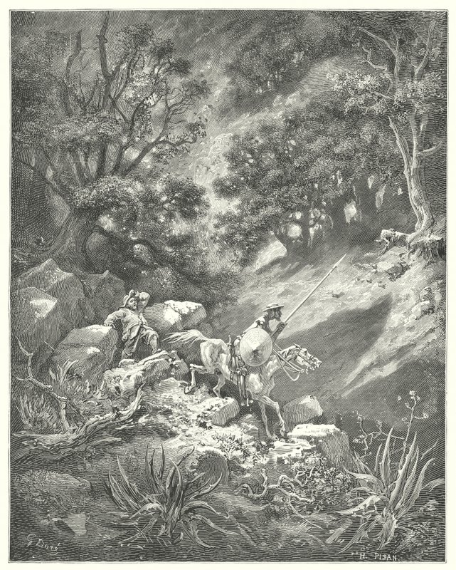 Don Quijote de Gustave Doré: "Pero dígame, señor," dijo Sancho, "¿es una buena ley de caballería que dice que debemos vagar de un lado a otro, sobre arbustos y zarzas, en este desierto rocoso?" de Gustave Dore