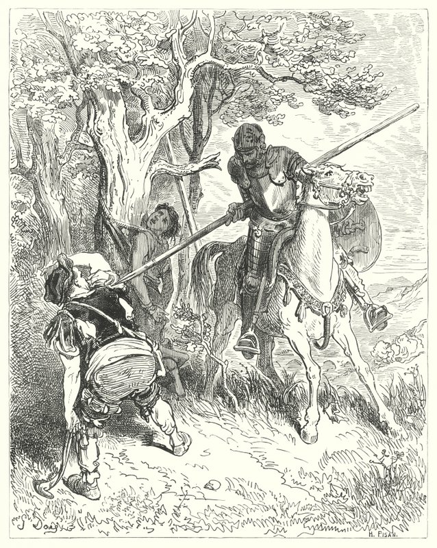 Don Quijote de Gustave Doré: "Por el sol que brilla, tengo ganas de atravesarte el cuerpo con mi lanza" (grabado) de Gustave Dore