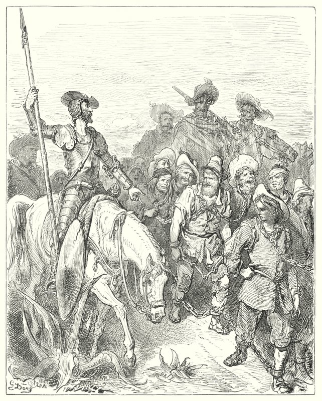 Don Quijote de Gustave Doré: "Don Quijote preguntó al primero por qué crímenes estaba en esas miserables circunstancias" (grabado) de Gustave Dore