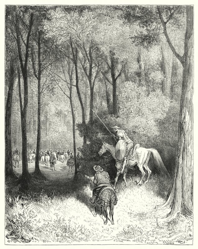 Don Quijote de Gustave Doré: "Don Quijote divisó una compañía, a quienes, al verlos más de cerca, juzgó ser personas de calidad" (grabado) de Gustave Dore