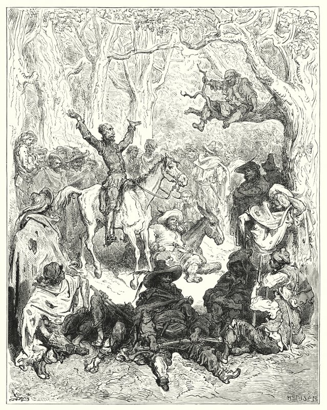 Don Quijote de Gustave Doré: "Don Quijote, montado en Rocinante, declamando copiosamente contra su forma de vivir" (grabado) de Gustave Dore