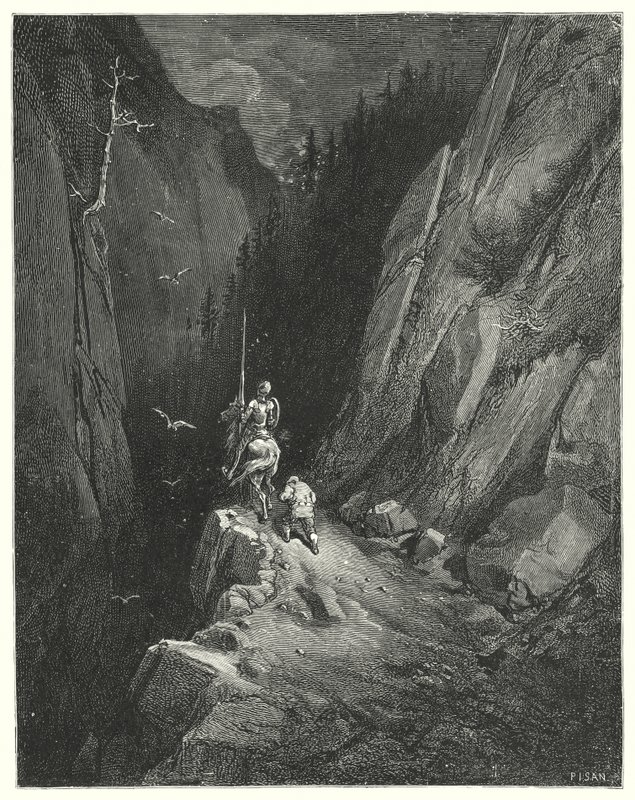 Don Quijote de Gustave Doré: "Don Quijote se llenó de alegría al encontrarse donde podría halagar su ambición con la esperanza de nuevas aventuras" (grabado) de Gustave Dore