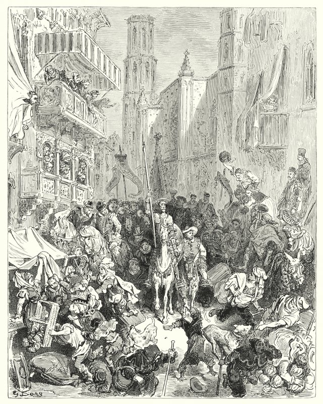 Don Quijote de Gustave Doré: "Encerrándolo en medio de su brigada, lo condujeron hacia la ciudad" de Gustave Dore