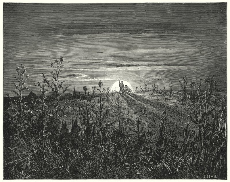 Don Quijote de Gustave Doré: "Amigo Sancho," dijo Don Quijote, "me parece que la noche que se acerca nos alcanzará antes de llegar a Toboso" de Gustave Dore