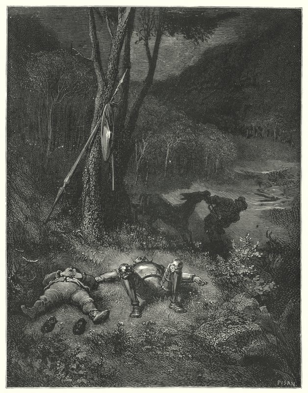 Don Quijote de Gustave Doré: "Gines, que era un extraño tanto a la gratitud como a la humanidad, decidió huir con el asno de Sancho" de Gustave Dore