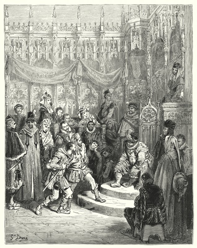 Don Quijote de Gustave Doré: "El gobernador Sancho Panza administrando justicia" (grabado) de Gustave Dore