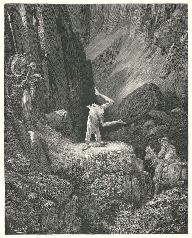 Don Quijote de Gustave Doré: "Dio dos o tres brincos en el aire, y luego cayendo sobre sus manos, pasó sus talones sobre su cabeza dos veces seguidas" de Gustave Dore