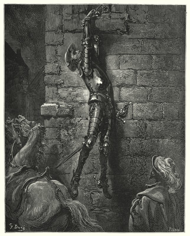 Don Quijote de Gustave Doré: "Inevitablemente habría caído al suelo, si no hubiera estado su muñeca firmemente atada a la cuerda" de Gustave Dore