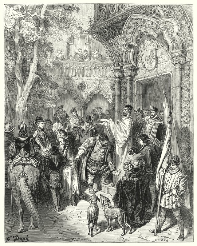 Don Quijote de Gustave Doré: "Besó la mano del duque y la duquesa al partir, y recibió la bendición de su amo" de Gustave Dore