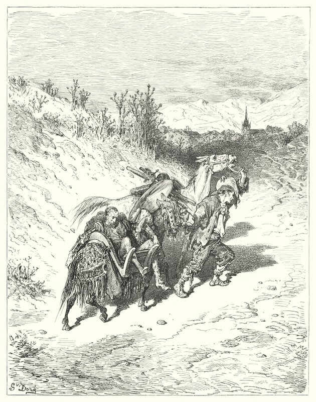 Don Quijote de Gustave Doré: "Los llevó a todos hacia el pueblo, y él mismo caminaba a pie, muy pensativo" de Gustave Dore