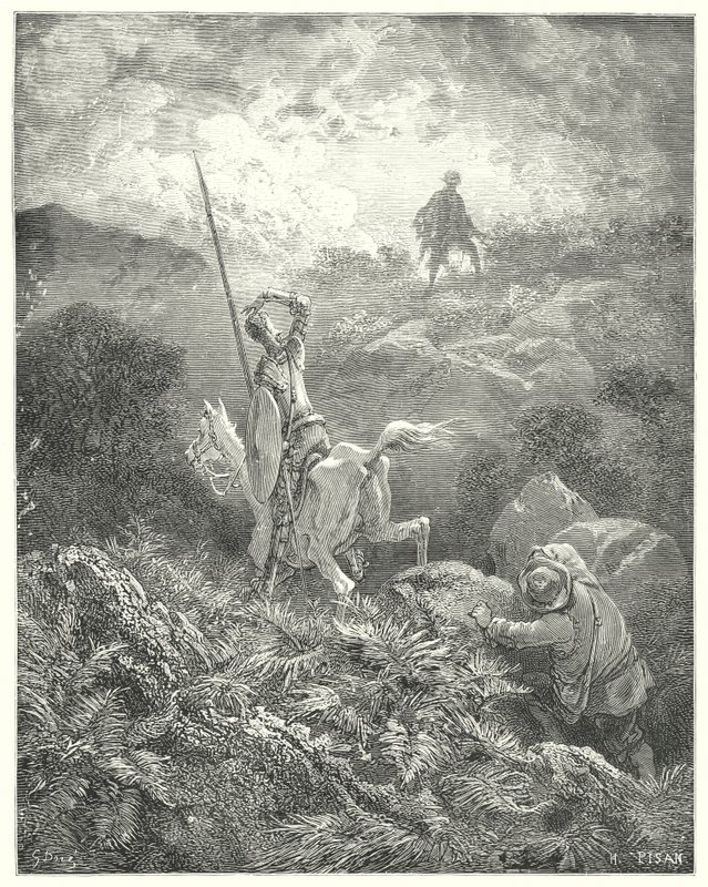 Don Quijote de Gustave Doré: "Divisó en la cima de un peñasco justo delante de él a un hombre que saltaba de roca en roca con maravillosa agilidad" (grabado) de Gustave Dore