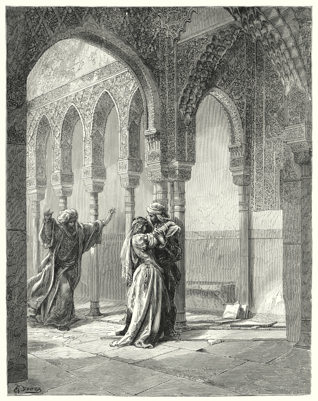 Don Quijote de Gustave Doré: "Su padre vino apresuradamente hacia nosotros y, al ver a su hija en este estado, le preguntó qué pasaba" (grabado) de Gustave Dore