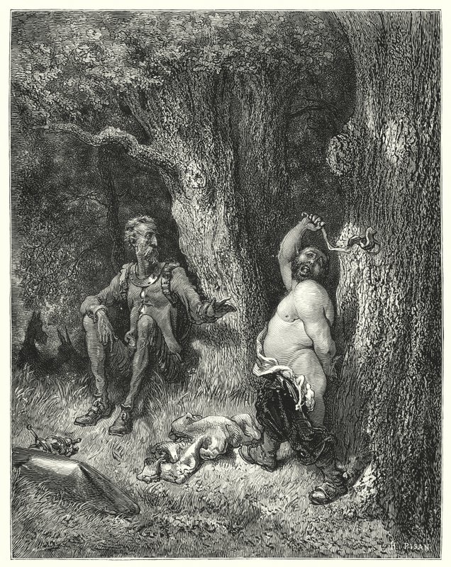 Don Quijote de Gustave Doré: "¡Detente!" gritó él; "amigo Sancho, detén la furia de tu brazo" de Gustave Dore