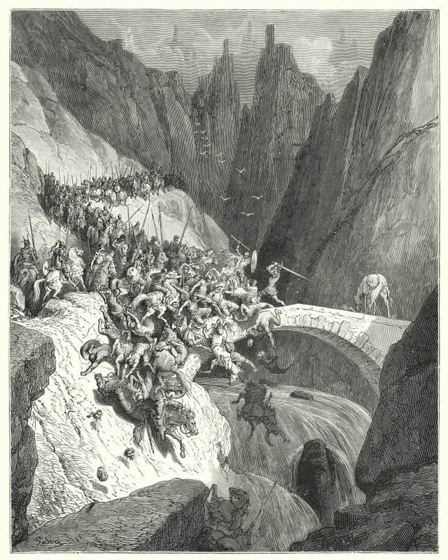 Don Quijote de Gustave Doré: "Cómo Don Diego García con su sola fuerza defendió el paso de un puente contra un gran ejército" de Gustave Dore