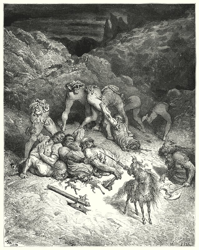 Don Quijote de Gustave Doré: "Cómo Felixmarte cortó a cinco gigantes por la mitad" (grabado) de Gustave Dore