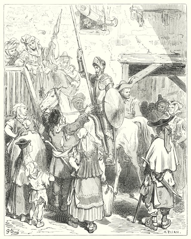 Don Quijote de Gustave Doré: "No tengo nada que ver con todo esto," gritó el posadero; "paga tu cuenta" de Gustave Dore