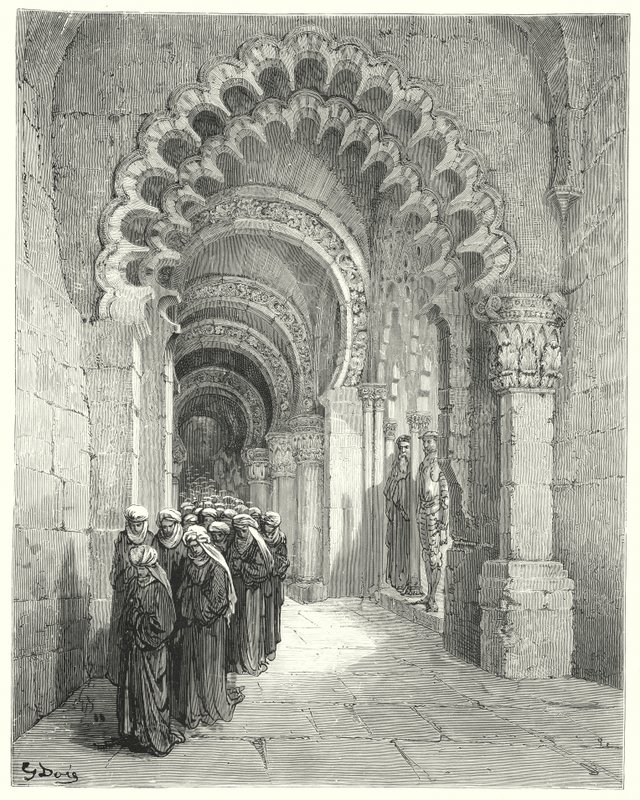 Don Quijote de Gustave Doré: "Vi una procesión triste de las más bellas damiselas, todas de negro" de Gustave Dore