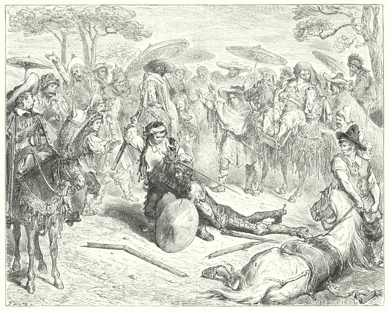 Don Quijote de Gustave Doré: "A pesar de sus armas, lo golpeó como a una gavilla de trigo" (grabado) de Gustave Dore