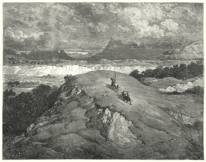 Don Quijote de Gustave Doré: "Era de noche antes de que nuestros dos viajeros llegaran a la parte más desierta de la montaña" de Gustave Dore