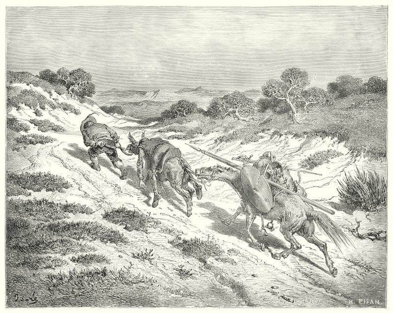 Don Quijote de Gustave Doré: "Llevando el asno por el cabestro, tomó el camino más cercano que pudo adivinar hacia la carretera" de Gustave Dore