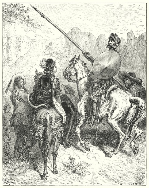 Don Quijote de Gustave Doré: "Ahora, señora," dijo Don Quijote, "déjeme suplicarle que me diga por dónde debemos ir para servirle" de Gustave Dore