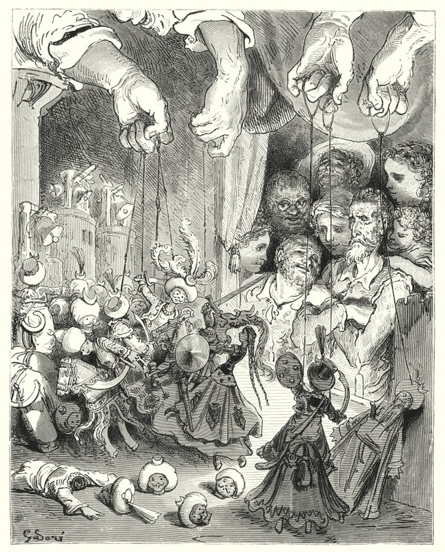 Don Quijote de Gustave Doré: "Observa qué gran compañía de caballos brillantes sale de la ciudad, en persecución de los amantes cristianos" (grabado) de Gustave Dore