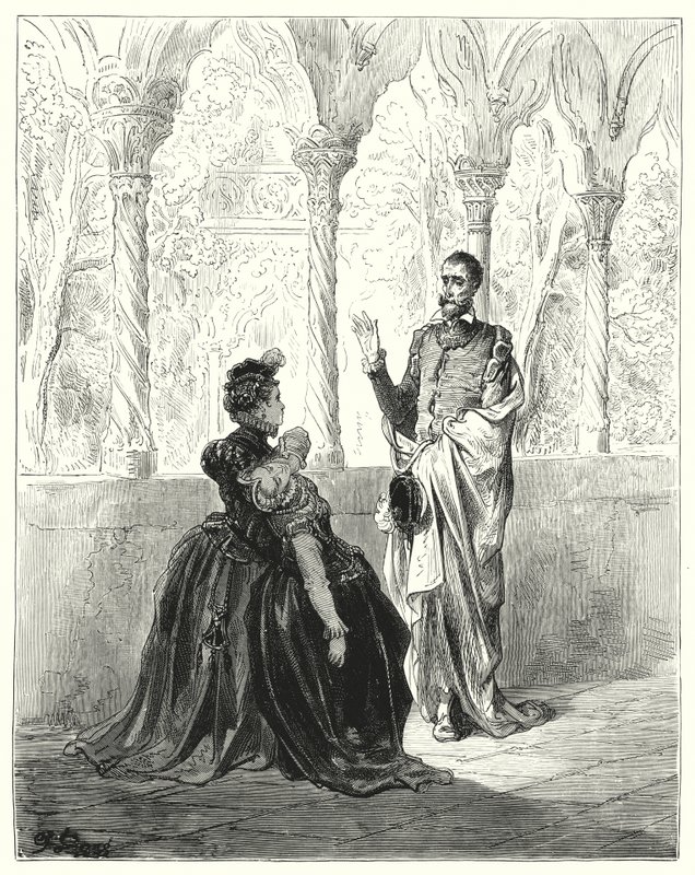 Don Quijote de Gustave Doré: "Por favor, mi señor Don Quijote, retírese, porque esta pobre joven no volverá en sí mientras usted esté aquí" de Gustave Dore
