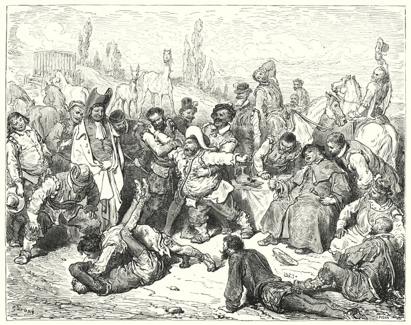 Don Quijote de Gustave Doré: "Sancho Panza solo estaba molesto, se enfureció hasta la muerte y deliraba como un loco" (grabado) de Gustave Dore