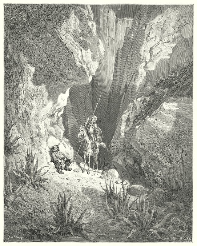 Don Quijote de Gustave Doré: "Lo primero que encontró fue el borrador de un soneto; así que lo leyó en voz alta" (grabado) de Gustave Dore