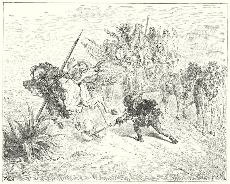 Don Quijote de Gustave Doré: "El tonto de la obra se acercó brincando con sus cascabeles" (grabado) de Gustave Dore