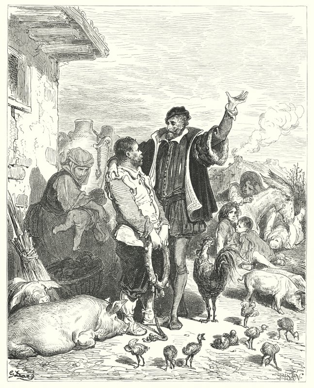 Don Quijote de Gustave Doré: "El caballero le hizo tantas promesas que al final el pobre tonto aceptó ir con él y convertirse en su escudero" de Gustave Dore