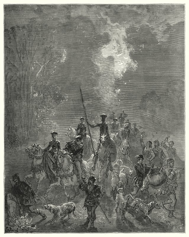 Don Quijote de Gustave Doré: "La mañana comenzó a esparcir sus miradas sonrientes en el cuarto oriental del cielo" de Gustave Dore