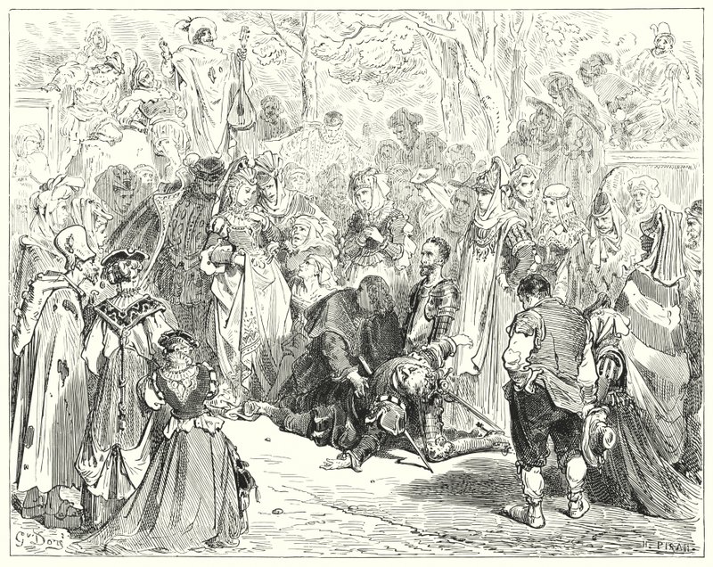 Don Quijote de Gustave Doré: "La pobre virgen, temblando y asustada sin decir una palabra, se acercó al pobre Basilio" (grabado) de Gustave Dore